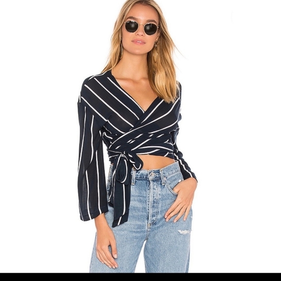 Faithfull the Brand navy blue white pinstripe wrap tie waist crop top Medium - Picture 4 of 5